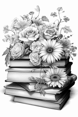 stack of books surrounded by flowers