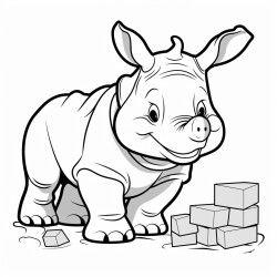 a happy young rhino playing with blocks on a preschool classroom rug