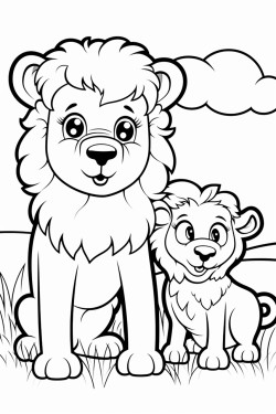 a cute sheep and a cute lion sitting on the land posing