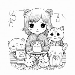 two cats drinking milk and a girl watching them