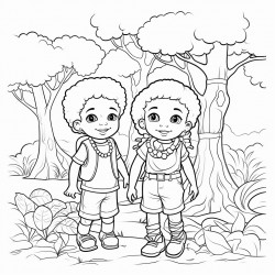 professional sketch drawing of  african boy and a girl  chlid playing in the forest for coloring book coloring page