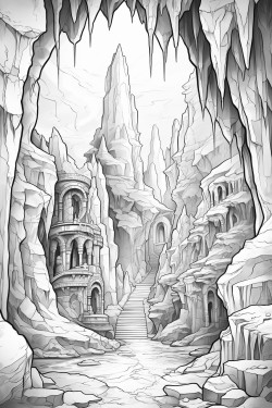 fancy cave of huge crystals black and white coloring book page for adults outlines only white background