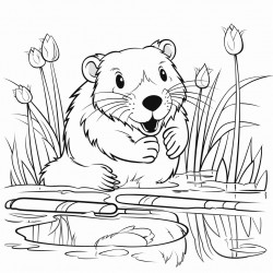 beaver chewing on stick in a stream with meadow