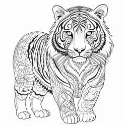 a java tiger with intricate pattern inside of it no color no shading medium line