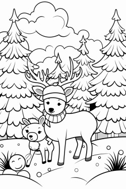 christmas snowman with deer in the christmas forest