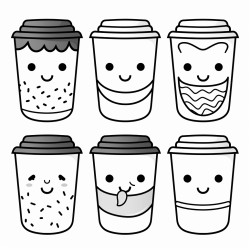 6 takeaway cups with different faces in kawaii styl