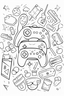 bw outline art for kids coloring book outline in bold black lines white background with gamer theme