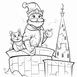 a playful cat and a majest ihappy father xmas on top of a roof cf a castle