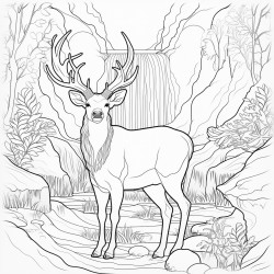 a deer in front of a waterfall