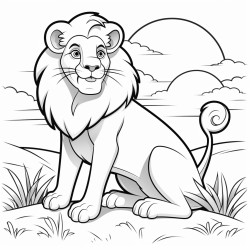 un lion majestueux assis sur une colline avec un coucher de soleil derrire lui