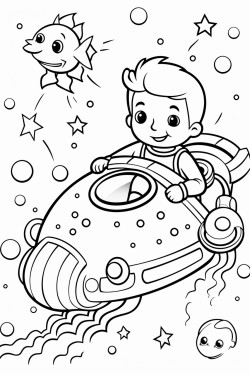 a man riding a submarine through space looking at stars and sea cratures floating through space