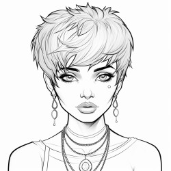 female eyes fully black short fluffy pixie cut pointed ears wearing a necklace with a gem at the bottom