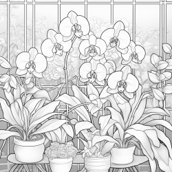 create a blackandwhite coloring page of orchids in full bloom inside a greenhouse use bold outlines for large petals stems and a few leaves add arching stems for variety include minimal background details like glass panes or plant pots to keep the focus on the orchids keep the design simple