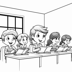 a classroom with children sitting at their desk facing the teachers desk