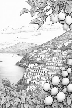 view of amalfi coast with 5 large lemons hanging in foreground
