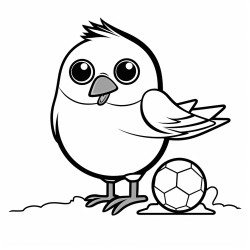 a soccer ball sitting on the halfway line with a robin perched on top