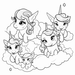 unicorn family flying over rainbow