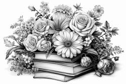 books surrounded by various delicate roses and dahlias