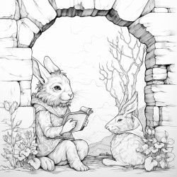 nature spirit reading a book next to a stone wall with a rabbit