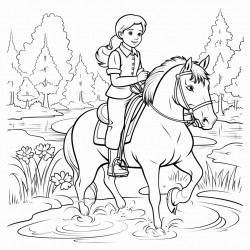 a horsewoman swin on her pony in a lake surrounded by a forest