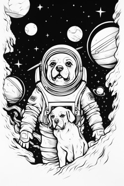 coloring page black lines line art no colors retro scene of dogs floating in space chasing bones white background