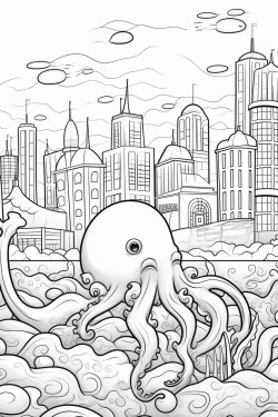 underwater city and friendly octopus