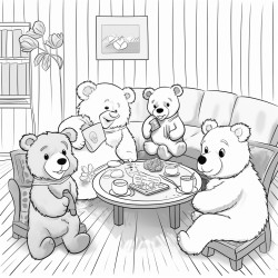 illustration a group of teddy bears sitting in a circle discussing their band plans with a teddy bear holding a notepad background a cozy living room with musical posters on the walls and a coffee table with snacks