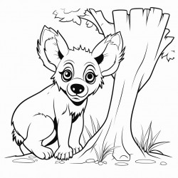 hyena hiding behind a tree