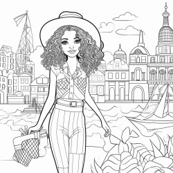 black and white 2d coloring book style stylish girl in brazil