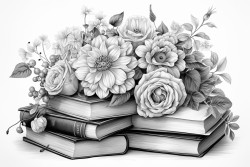 books surrounded by various delicate roses and dahlias