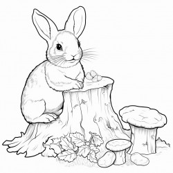 a rabbit eating a carrot in front of a tree stump