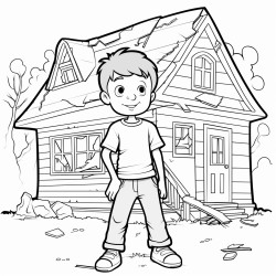 a young boy wearing a torn tshirt and baggy jeans standing outside a small brokendown house