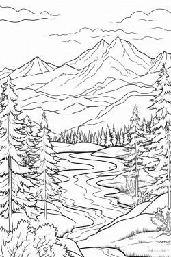 serene mountain landscape with snowcapped peaks and evergreen trees