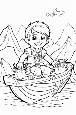 pirate sitting inside a pumpkin boat mountains in the background