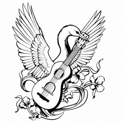 a crane with wings extended holding a guitar