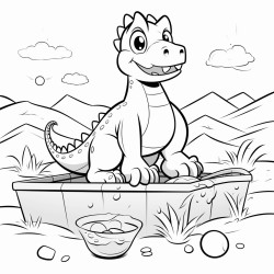 a dinosaur playing in a sandbox