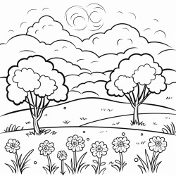 make me a drawing page of trees and a field with flowers