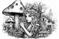beautiful fairy on a mushroom house in the forest