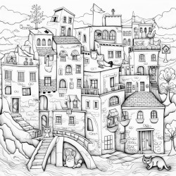a whimsical italian village with cats