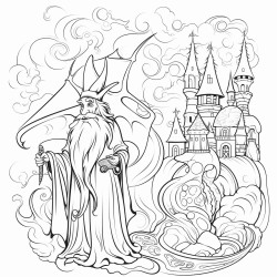 a fantasy world with a dragon and a wizard