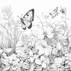 a detailed garden scene with various flowers vines and hidden creatures like butterflies and bees