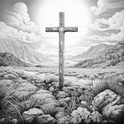 create an image of a solemn scene with a prominent cross in the center representing a significant