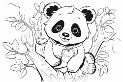 panda with hearts all around sitting on a branch with branches and leaves
