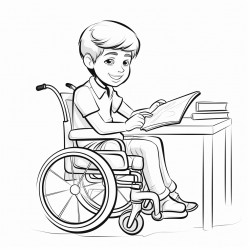 a little boy in a wheelchair working an it job