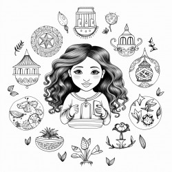 a mixed colouring page with images of self care items young girls of all races teen items and mandalas