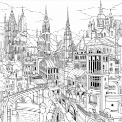 a gothic city with towering spires shadowy streets and dark intricate architecture