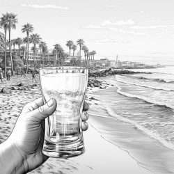 hand holding a beer glass with beach in background