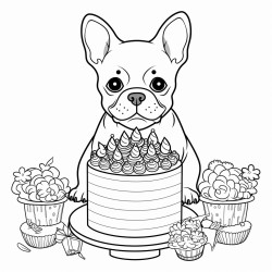 cartoon french bulldog with cake