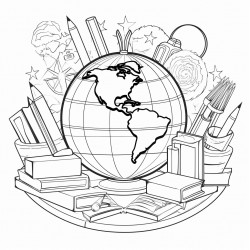 globe of the world with school supplies around the letters e n l in the middle of the coloring page