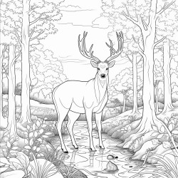 create a blackandwhite coloring page of a peaceful forest scene featuring a deer standing among trees the deer should have bold welldefined outlines with large open spaces for easy coloring the background trees and plants should be simple yet clear keeping the focus on the deer